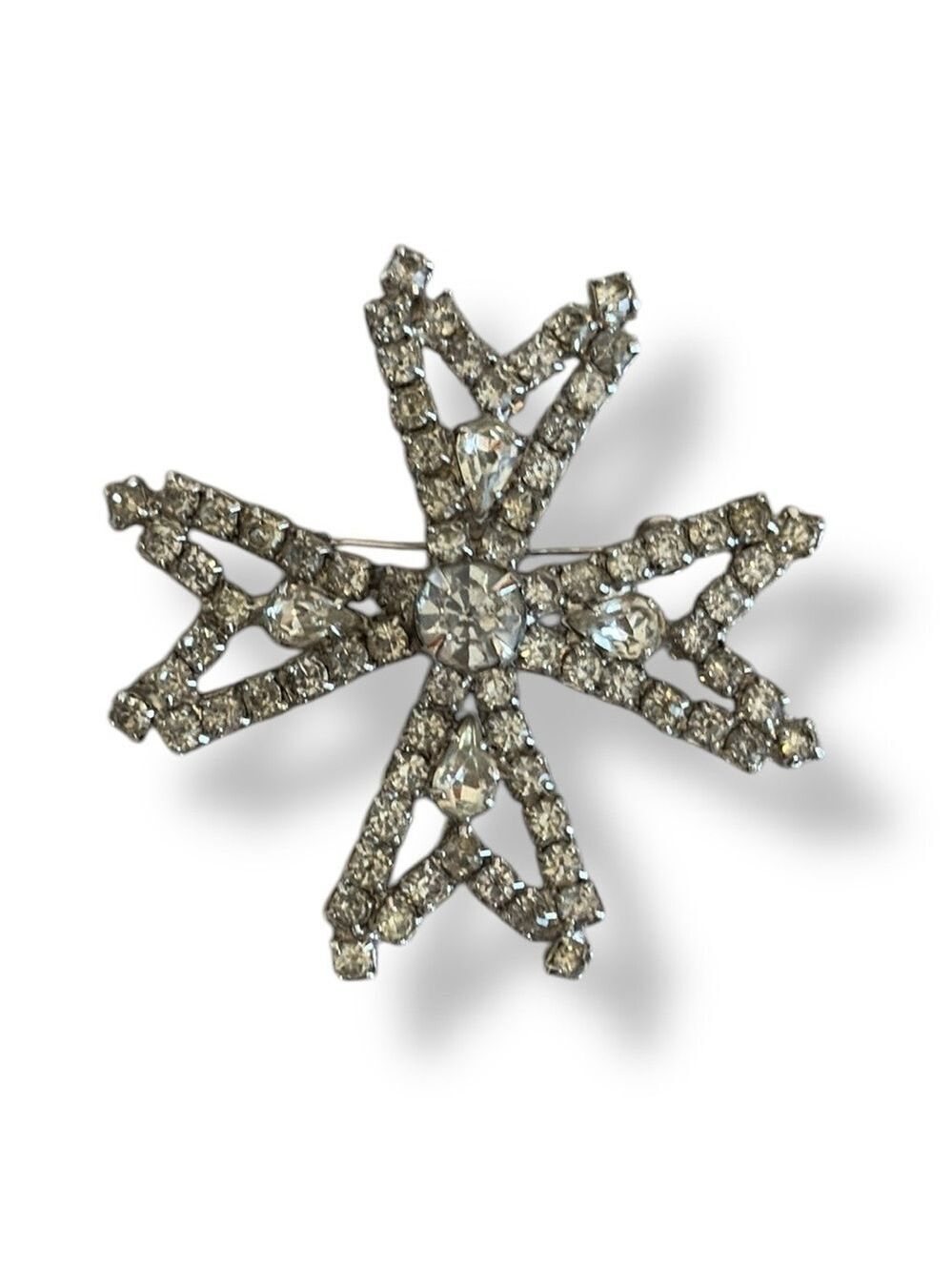 Vintage Weiss Maltese Cross Rhinestone Brooch Prong Set Silver Tone Metal Signed